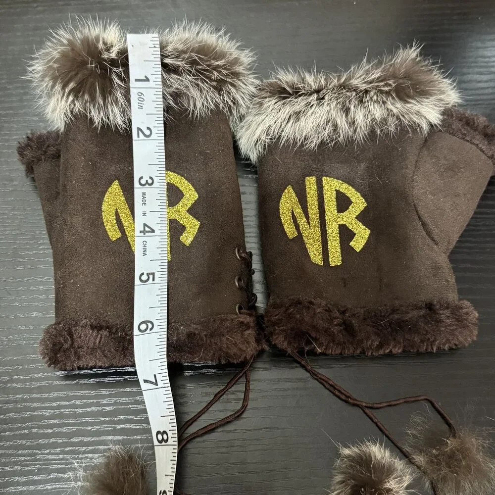 Vintage Brown Suede Fingerless Gloves Faux Fur Pom Pom Tie Womens Winter Mittens
